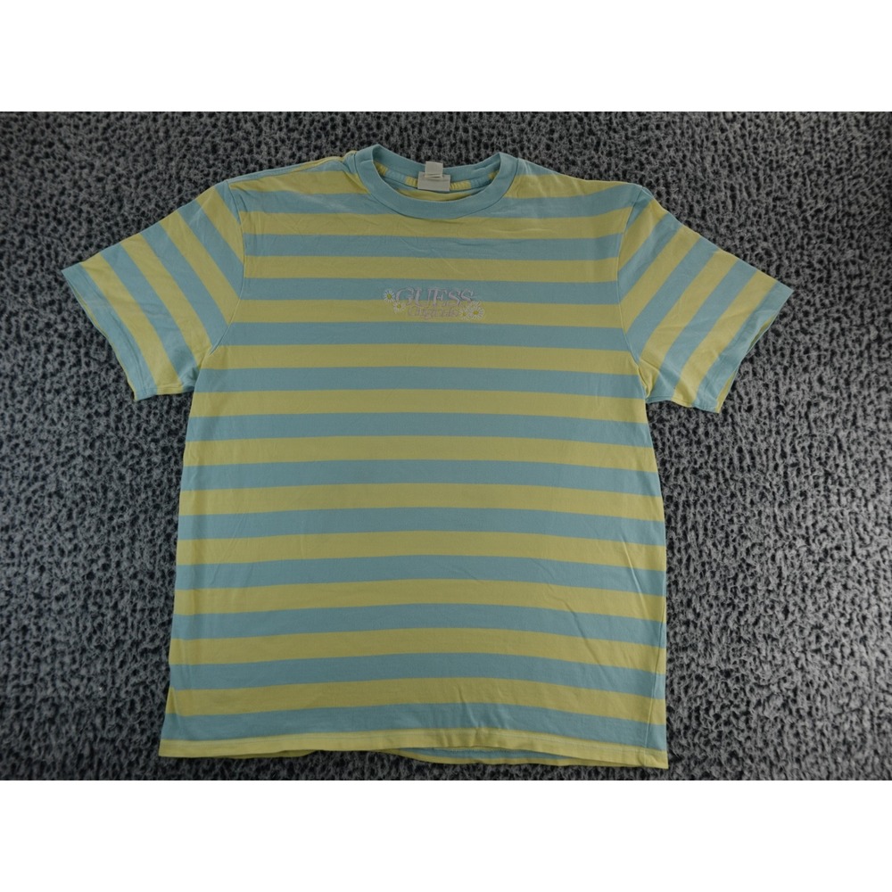 Guess Originals Striped T Shirt Yellow Blue Daisy Logo Short Sleeve Mens L - Picture 1 of 8